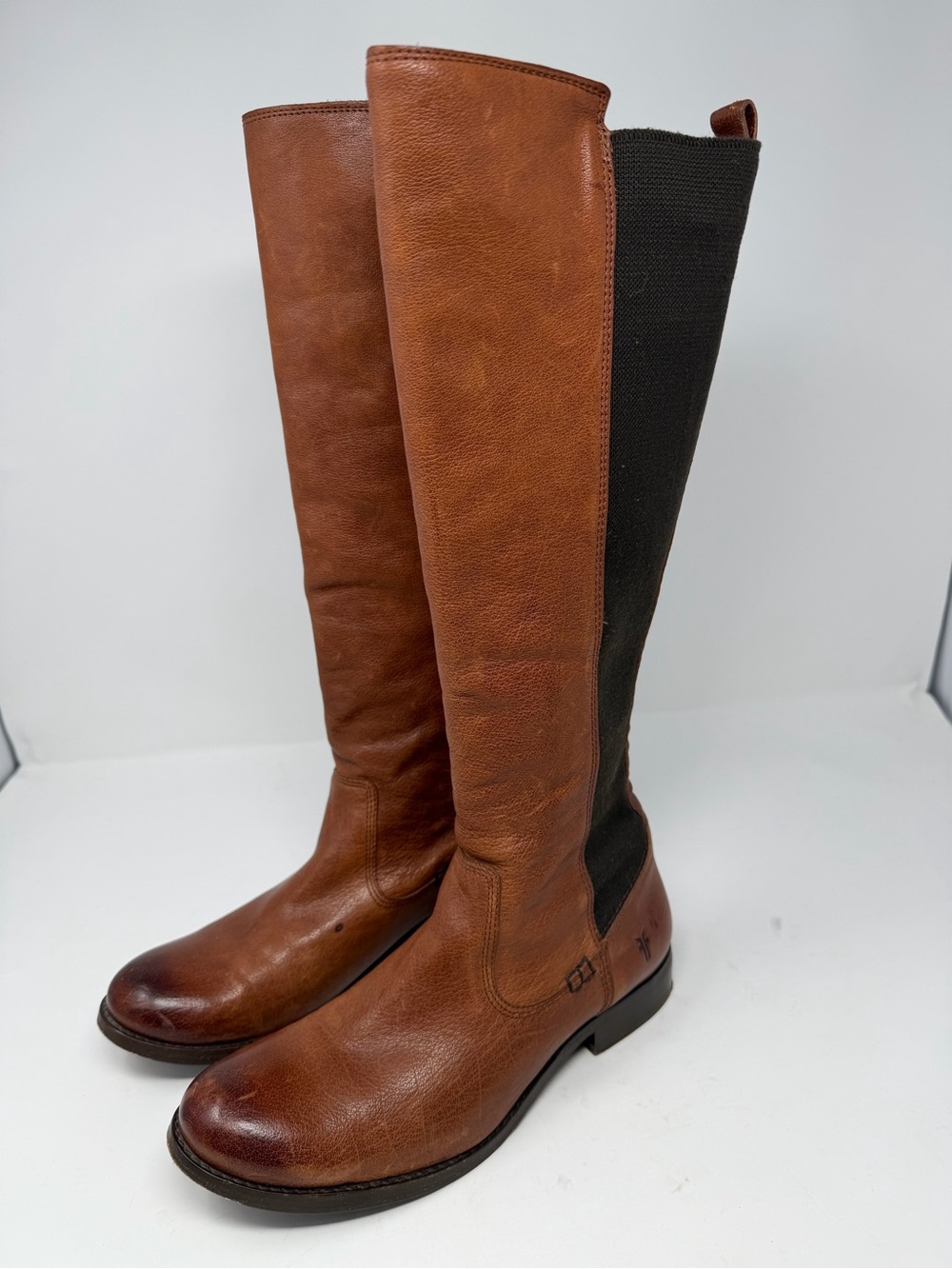 Frye Women’s Molly Gore Leather Tall Equestrian Riding Boots Elastic Panel